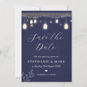 Fairy lights save the date, navy blue wedding invitation