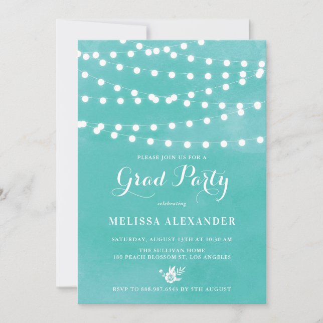 Fairy Lights Teal Graduation Party Invitation (Front)