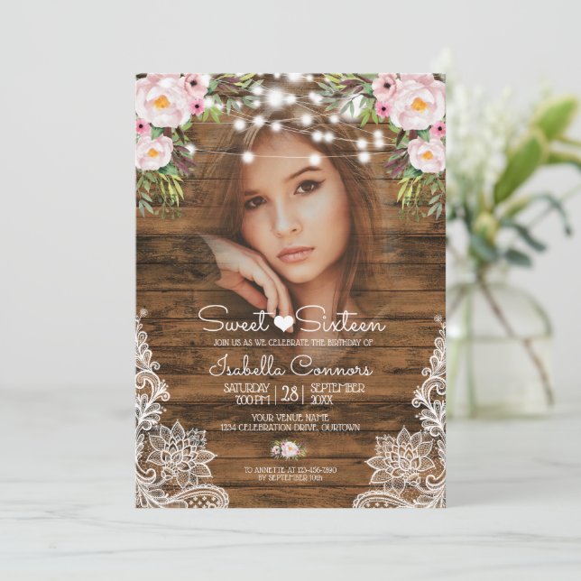 Fairy Lights Wood Floral and Lace Sweet 16 Party Invitation (Standing Front)