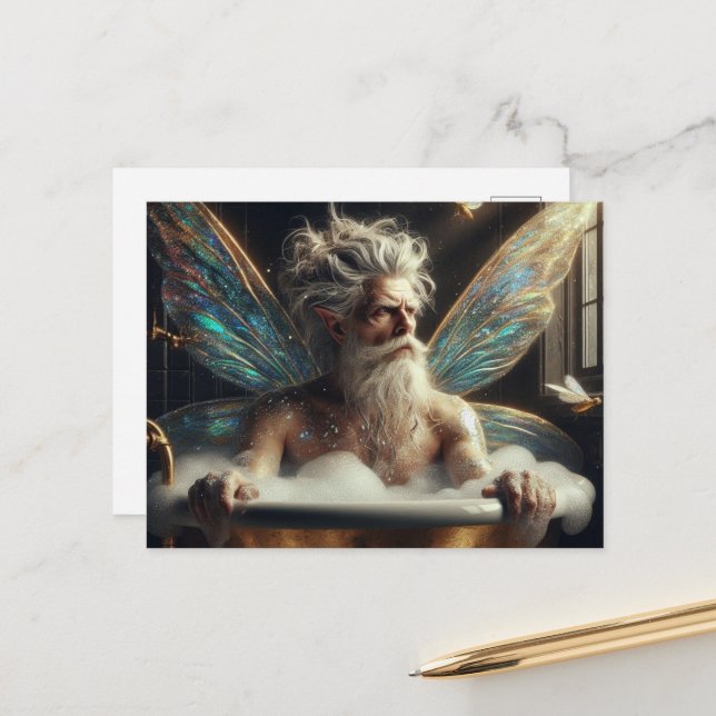 Fairy man Grey Hair in the Bubblebath Postcard (Front/Back In Situ)
