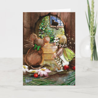 Fairy, Mouse and Cat, Christmas Greeting Holiday Card