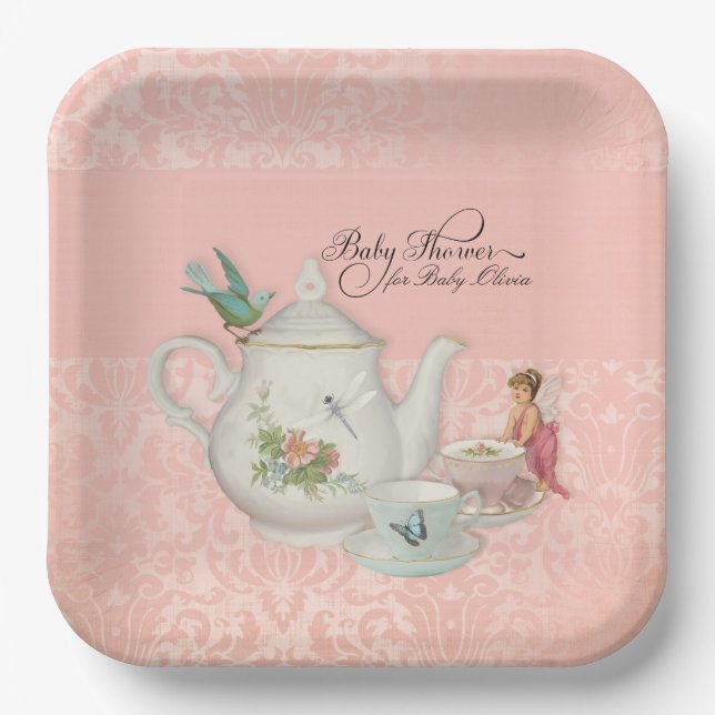 Fairy n Bird Tea Party Floral Pink Baby Shower Paper Plate (Front)