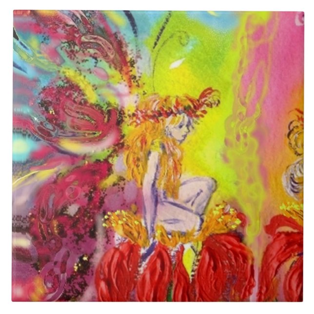 FAIRY OF DAWN WITH RED FLOWERS Fantasy Tile (Front)