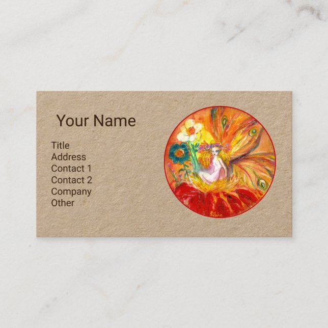 FAIRY OF FLOWERS  MONOGRAM Red Yelllow Kraft Paper Business Card (Front)