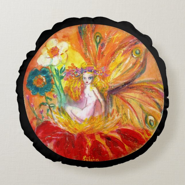 FAIRY OF THE FLOWERS ,Black Fantasy Round Cushion (Front)