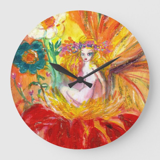 FAIRY OF THE FLOWERS Red Yellow Fantasy Large Clock (Front)