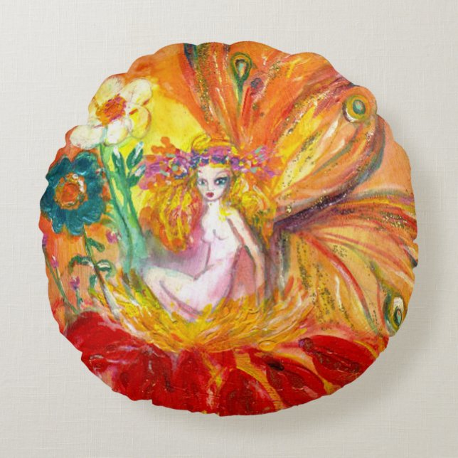 FAIRY OF THE FLOWERS Red Yellow Fantasy Round Cushion (Front)