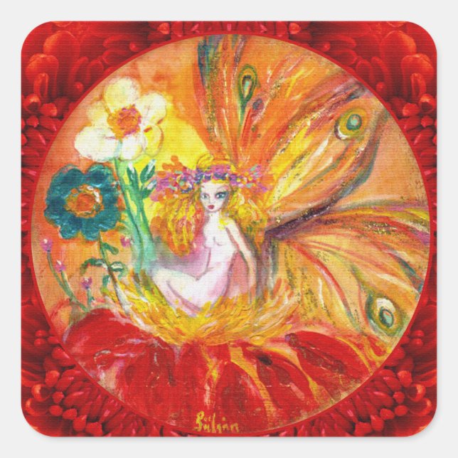 FAIRY OF THE FLOWERS Red Yellow Fantasy Square Sticker (Front)