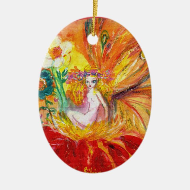 FAIRY OF THE FLOWERS Vibrant Red Ruby Ceramic Tree Decoration (Front)