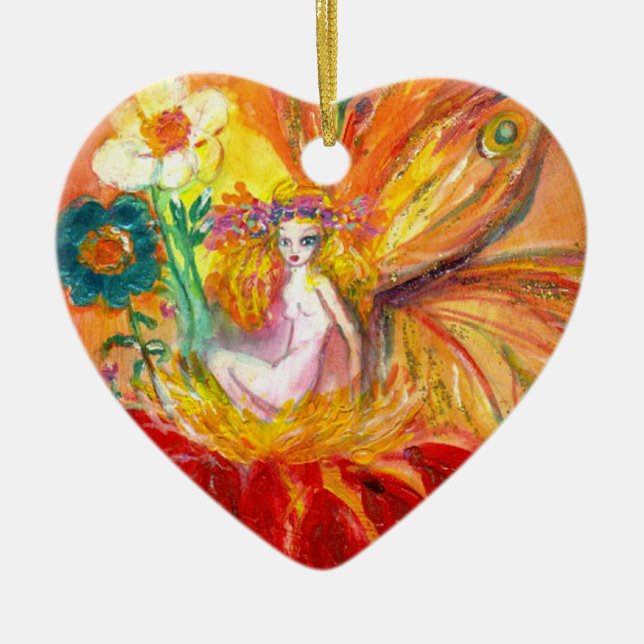 FAIRY OF THE FLOWERS Vibrant Red Ruby Heart Ceramic Tree Decoration (Front)