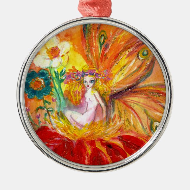 FAIRY OF THE FLOWERS Vibrant Red Ruby Metal Tree Decoration (Front)