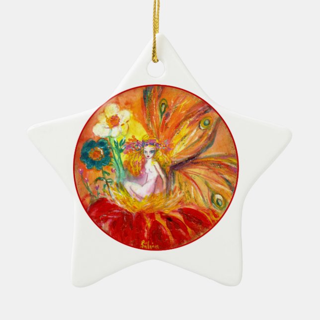 FAIRY OF THE FLOWERS Vibrant Red Ruby Star Ceramic Tree Decoration (Front)