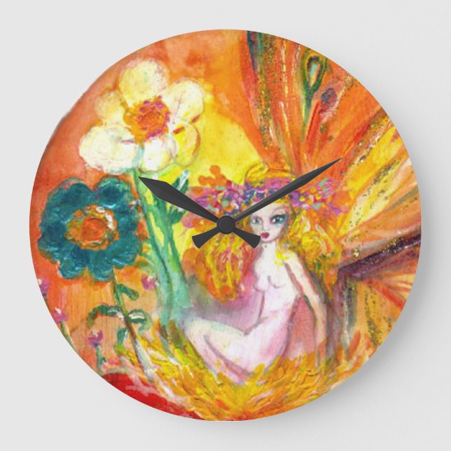 FAIRY OF THE FLOWERS Yellow Fantasy Large Clock (Front)