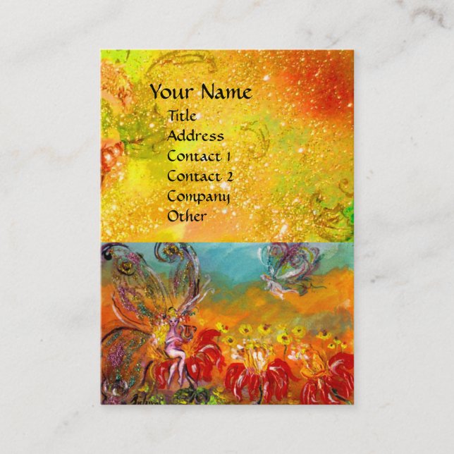 FAIRY OF THE MAGIC RED FLOWERS IN GOLD SPARKLES BUSINESS CARD (Front)