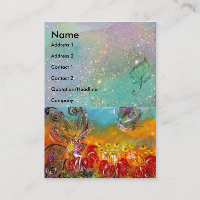 FAIRY OF THE RED FLOWERS Blue Green Floral Sparkle Business Card (Front)