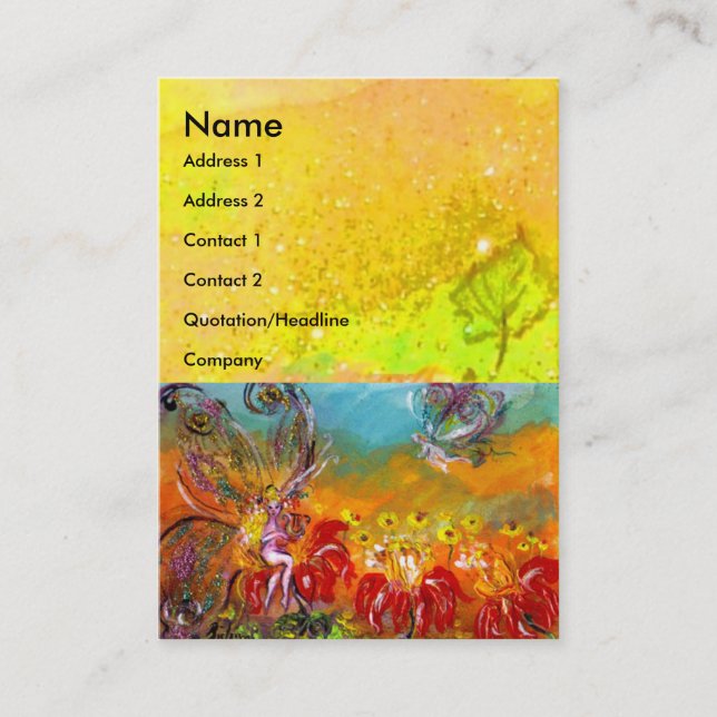 FAIRY OF THE RED FLOWERS Fantasy Yellow Business Card (Front)