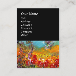 FAIRY OF THE RED FLOWERS Floral Fantasy Black Business Card