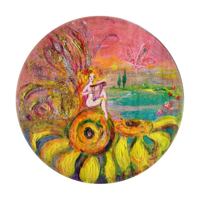 FAIRY OF THE SUNFLOWERS Fantasy Floral Yellow Pink Cutting Board (Front)