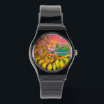 FAIRY OF THE SUNFLOWERS.Pink Fuchsia Watch<br><div class="desc">Whimsical , colourful and vibrant acrylic painting on canvas in bright pink, violet, red, green, yellow, blue, pink, white colours by Bulgan Lumini (c).</div>