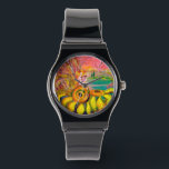 FAIRY OF THE SUNFLOWERS.Pink Fuchsia Watch<br><div class="desc">Whimsical , colourful and vibrant acrylic painting on canvas in bright pink, violet, red, green, yellow, blue, pink, white colours by Bulgan Lumini (c).</div>