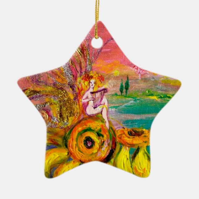 FAIRY OF THE SUNFLOWERS VIBRANT GREEN EMERALD CERAMIC TREE DECORATION (Front)
