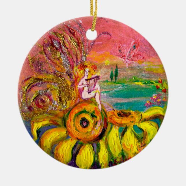FAIRY OF THE SUNFLOWERS  VIBRANT GREEN EMERALD CERAMIC TREE DECORATION (Front)