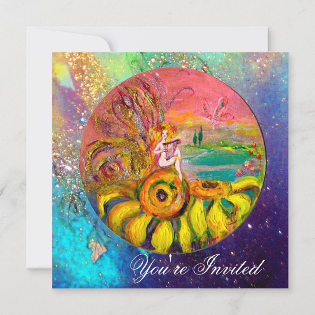 FAIRY OF THE SUNFLOWERS yellow blue pink sparkle Invitation (Front)