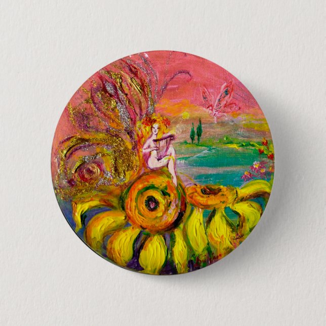 FAIRY OF THE SUNFLOWERS yellow pink black 6 Cm Round Badge (Front)
