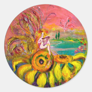FAIRY OF THE SUNFLOWERS yellow pink black Classic Round Sticker