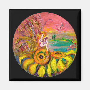 FAIRY OF THE SUNFLOWERS yellow pink black Magnet