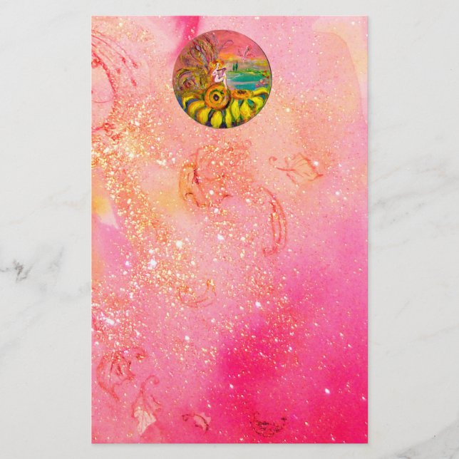 FAIRY OF THE SUNFLOWERS yellow pink black Stationery (Front)