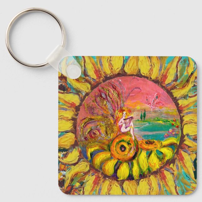FAIRY OF THE SUNFLOWERS Yellow Pink Blue Fantasy Key Ring (Front)