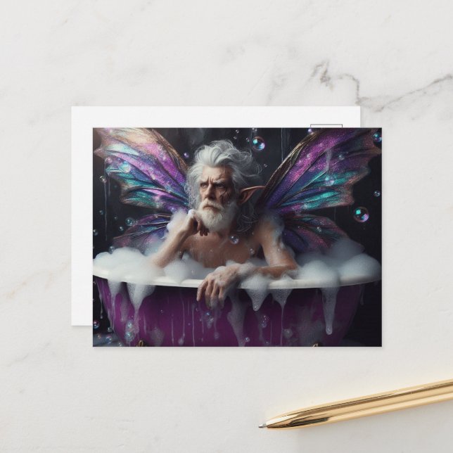 Fairy Old Man Takes a Bubble Bath in Purple Tub Postcard (Front/Back In Situ)