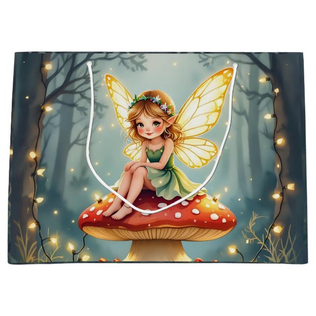 Fairy on a Mushroom in Enchanted Forest Christmas Large Gift Bag (Front)