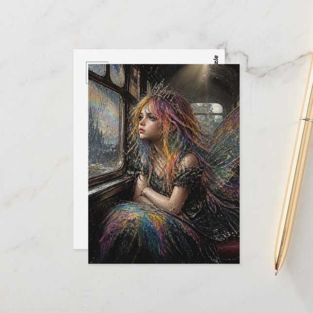 Fairy on a Vintage Train Postcard (Front/Back In Situ)