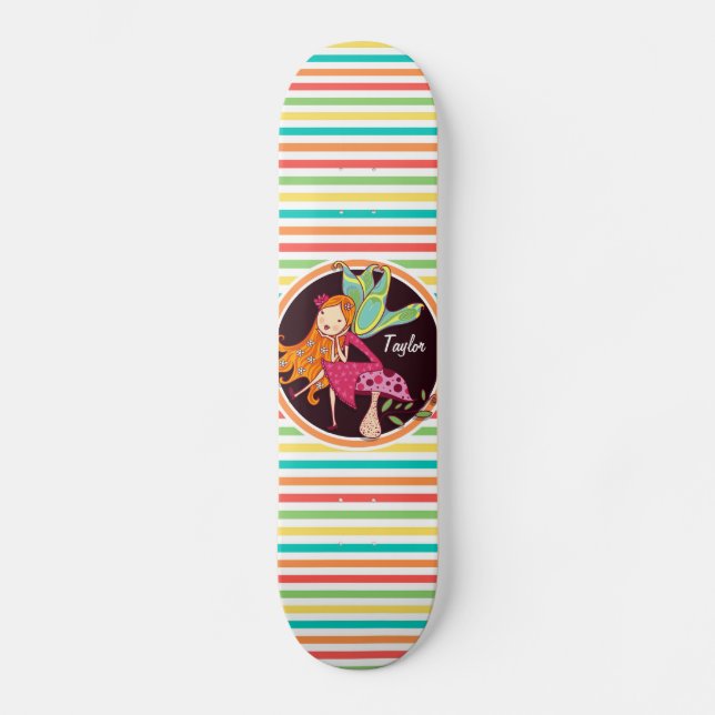 Fairy on Bright Rainbow Stripes Skateboard (Front)