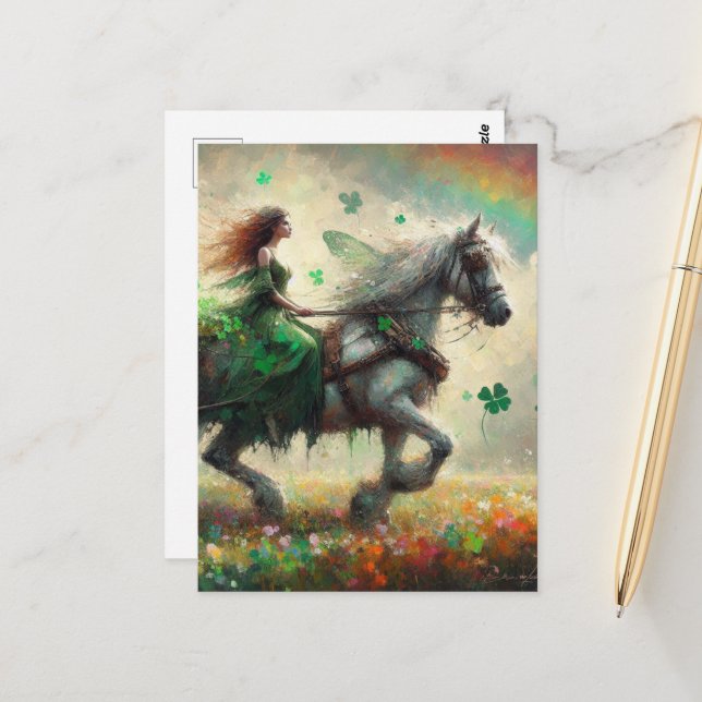 Fairy on Horseback Bringing Luck for St. Patricks  Postcard (Front/Back In Situ)