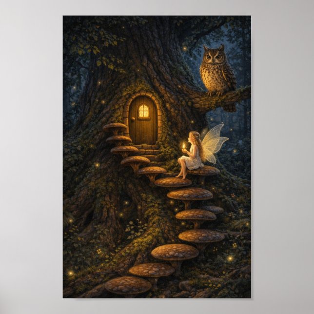 Fairy on Mushroom Staircase-Enchanted Tree House  Poster (Front)