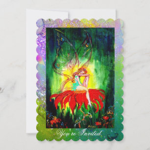 FAIRY ON RED FLOWER Purple Yellow Green Sparkles Invitation