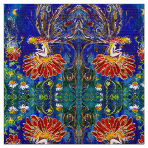 FAIRY ON THE RED FLOWER IN THE NIGHT Blue Green Fabric