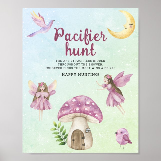 Fairy pacifier hunt baby shower game poster (Front)