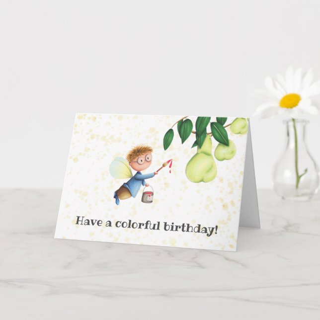 Fairy Painting Pears Personalised Birthday Card (Small Plant)