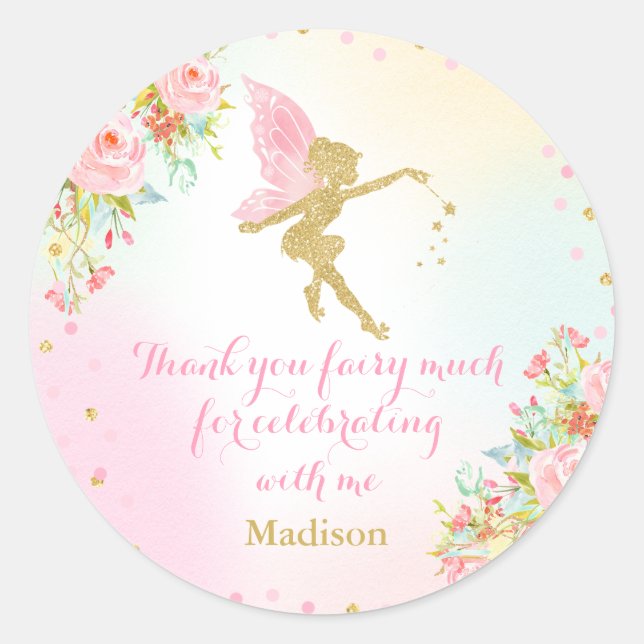 Fairy Pink & Gold Party Favour Tag Sticker Seal (Front)
