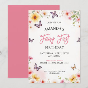 Fairy Pink & Yellow Floral Butterfly 1st Birthday Invitation