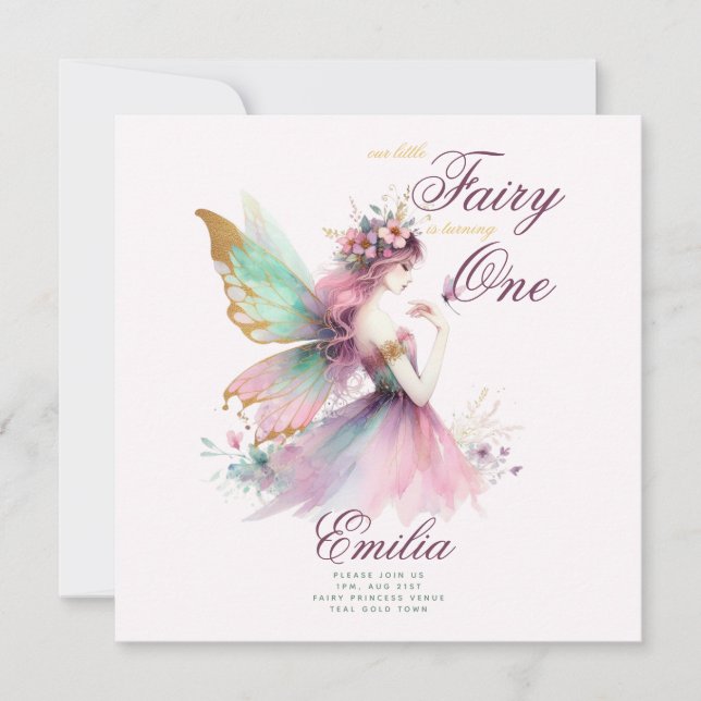 Fairy Princess 1st Birthday or EDIT AGE Teal Gold Invitation (Front)