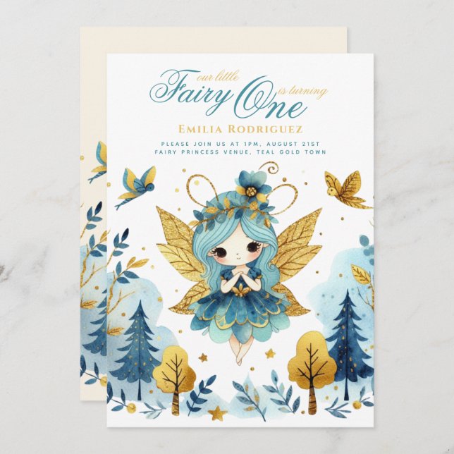 Fairy Princess 1st Birthday or EDIT AGE Teal Gold Invitation (Front/Back)