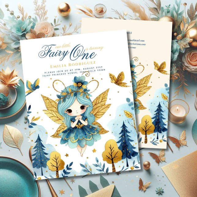 Fairy Princess 1st Birthday or EDIT AGE Teal Gold Invitation (Creator Uploaded)
