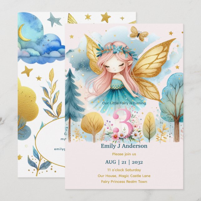 Fairy Princess 3RD Birthday THREE Pink Fairycore Invitation (Front/Back)