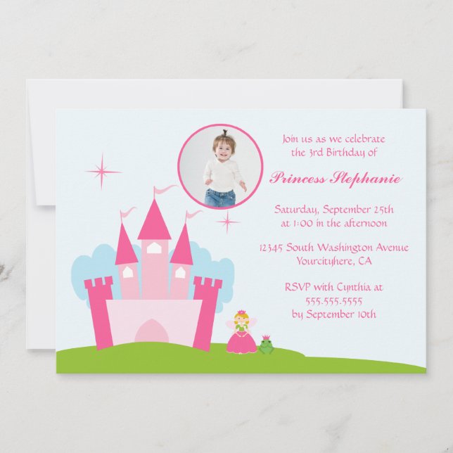 Fairy princess castle birthday party invitation (Front)