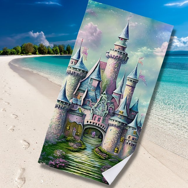 Fairy Princess Castle Mauve Pink Green     Beach Towel (Creator Uploaded)